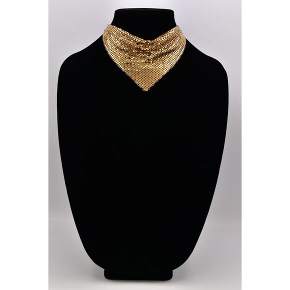 Whiting & Davis Vintage Mesh Chainmail Choker Bib Necklace Gold Signed 70s BinBL - Picture 3 of 12